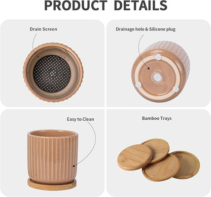 TAMAYKIM 4 Inch Cylinder Ceramic Boho Plant Pots with Drainage Hole and Saucer, Glazed Multicolor Flower Pots for Succulent, Snake Plant, Cactus and Herbs, Set of 4 (Plant Not Included)