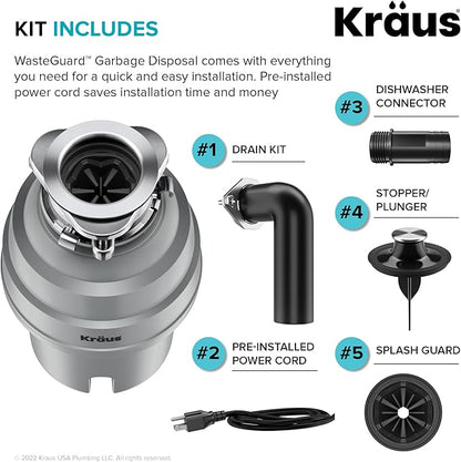 KRAUS WasteGuard High-Speed 3/4 HP Continuous Feed Ultra-Quiet Motor Garbage Disposal with Power Cord and Flange Included and Universal Mount, KWD210-75MGR