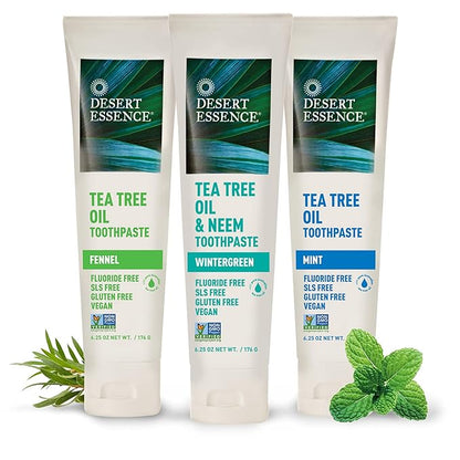 Desert Essence Tea Tree Oil & Neem Toothpaste - Fluoride-Free, Gluten-Free, SLS Free Formula - Vegan, Herbal Toothpaste for Plaque Reduction - Wintergreen Flavor, 6.25 oz