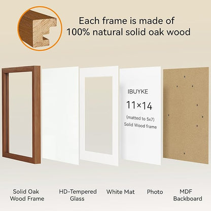 IBUYKE 11 x14 Picture Frame,Solid Oak Wood 11x14 Photo Frame with Mat to 8x10,11x14 Picture Frames With Tempered Glass,Wall Mount Display,Home Decor,Walnut Oak 14 x 11 Frame,UWPF1114H