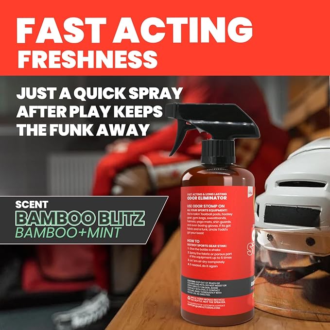 Uncle Todd’s Odor Stomp Sports Equipment Odor Eliminator Spray - Extra Strength Enzyme-Powered Deodorizer for Football, Hockey, Gym Bags, and Athletic Gear - Bamboo Blitz Scent - 16 oz