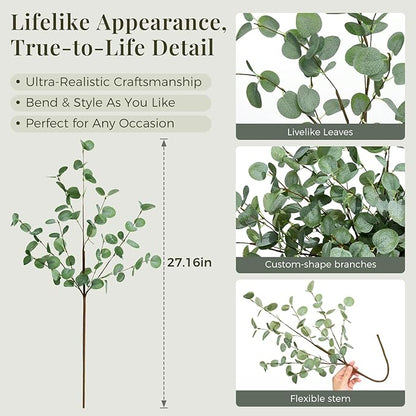 8Pcs Faux Eucalyptus Stems, 27" Artificial Eucalyptus Plants with White Frosted Coating, Fake Eucalyptus Decor Silk Greenery Leaves for Wedding Bouquets Home Decor DIY Floral Arrangements