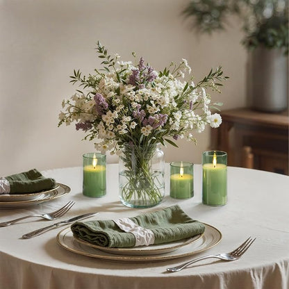 Homemory Green Glass Flameless Candles, Battery Operated LED Pillar Candles with Remote Control and Timer, Radiance Candles, Real Wax, Set of 3,D3 xH4 5" 6"