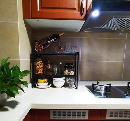 2 Tier Expandable Cabinet Shelf Organizer 14.5-25" L Kitchen Counter Shelf Rack Stand Sink Riser Countertop Storage Black (Normal 7.9”D)
