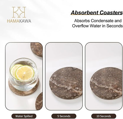 Marble Coasters Set of 4, Natural Gray Stone 4 Inch/10 cm, Modern Round Travertine Drink Coasters for Home Decor, Coffee Table, Office