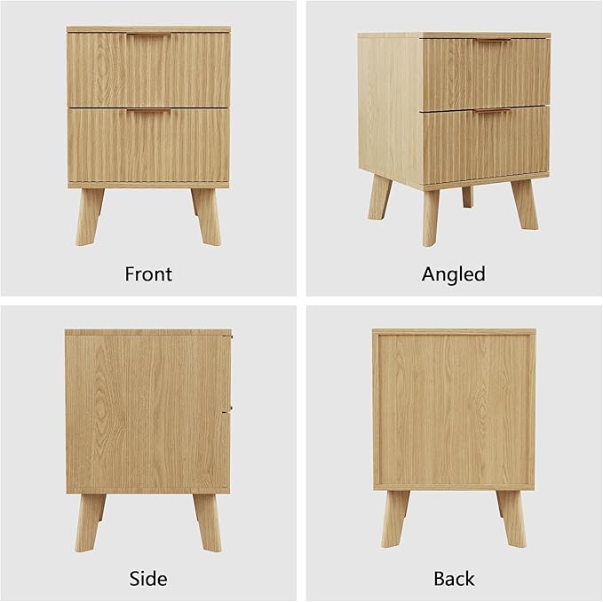 Fluted Nightstand, Mid Century Modern 2 Drawer Bedside Table for Bedroom, Small Dresser Night Stand Side End Table with Wood Fluted Drawer Storage for Bedroom Closet(Natural)