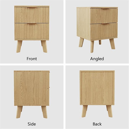 Fluted Nightstand, Mid Century Modern 2 Drawer Bedside Table for Bedroom, Small Dresser Night Stand Side End Table with Wood Fluted Drawer Storage for Bedroom Closet(Natural)