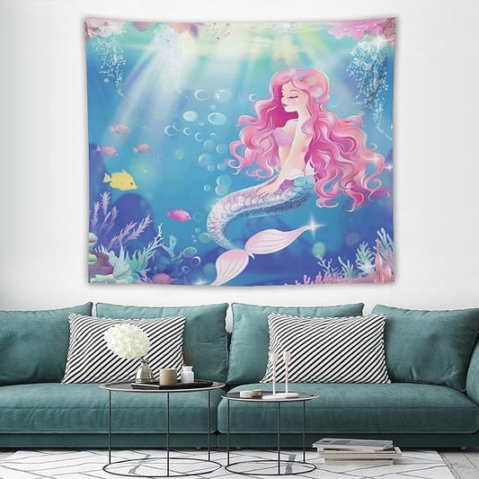 HZOHNAGO Mermaid Girls Tapestry Watercolor Mermaid Princess Pink Hair Pattern for Kids Room Decoration Printed Wall Tapestry Wall Hanging for Bedroom Living Room Dorm 60" W x 50" H