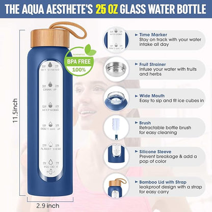 Aqulea Glass Water Bottles 25 Oz with Silicone Sleeve - BPA Free Reusable Wide Mouth Glass Motivational Water Bottles with Fruit Infuser – Leak Proof Borosilicate Water Bottle with Time Marker (Blue)