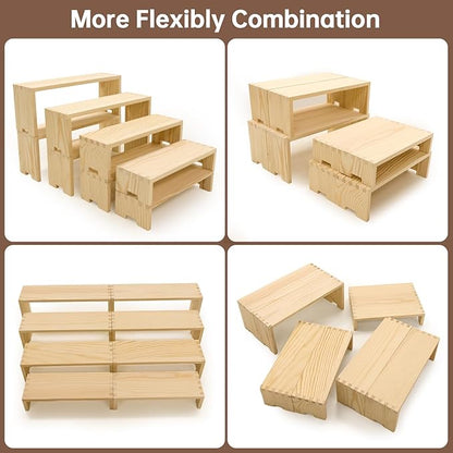 Large Display Wood Risers Wooden Stand 8 Tier Wood Racks Decorative Rectangular, 2 Set 8 Pieces Cupcake Stands Cologne Perfume Organizer Dessert Showcase Items(nature)