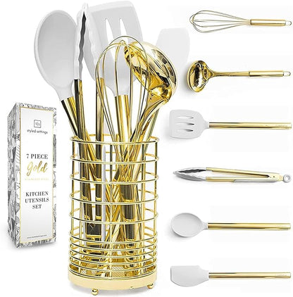 White Silicone and Gold Cooking Utensils Set with Gold Utensil Holder - 7-Piece Silicone Cooking Tools - Ideal for Nonstick Cookware and Stylish Modern Kitchens - Luxury Kitchen Accessories