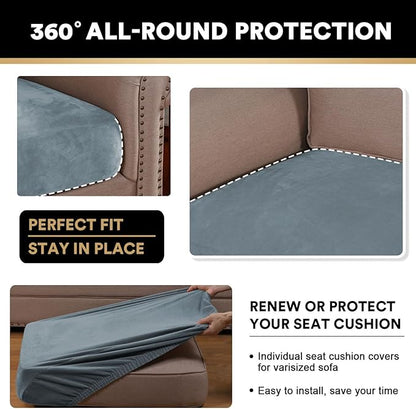 PrinceDeco Velvet Couch Cushion Cover Soft Stretch Cushion Slipcover for Chair Loveseat Sofa Cushion Furniture Protector Seat Cushion Sofa Cover (2 Piece Large Sofa Cushion Covers, Stone Blue)