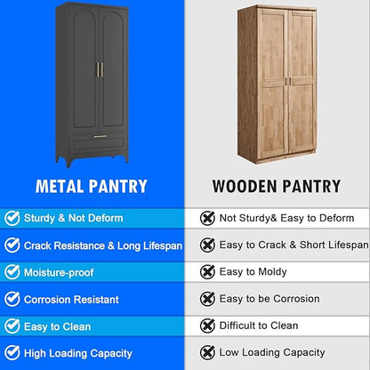 Black Pantry Kitchen Cabinet with Drawer, 75 Inch Metal Storage Cabinet with Doors and Shelves, Steel Food Pantries, Large Freestanding Cupboard for Living&Dining Room-Assemble Required