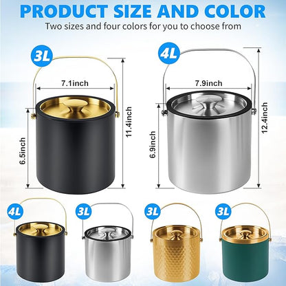 Ice Bucket, Ice Bucket with Silicone Sealing Ring Double-Wall Vacuum Insulation Champagne Buckets with Filter Layer Ice Tongs Ice Scoop (Silver, 4 L)