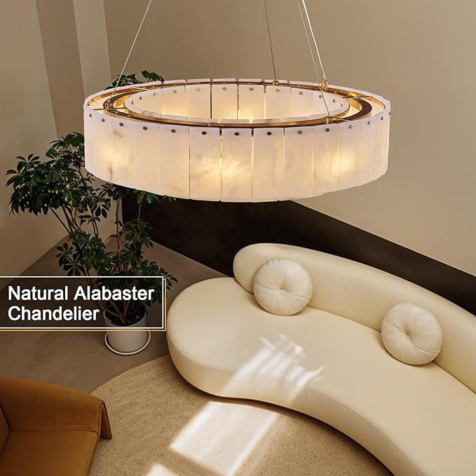 Alabaster Round Chandelier, D31in Modern Dining Room Chandeliers, Marble Pendant Lights Kitchen Island, Drum Chandelier for Dining Room Light Fixture, Living Room, Bedroom Lights, Foyer, Kitchen