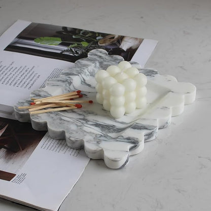 Natural Luxury Marble Tray with Scalloped Edge, Handmade Square Decorative Tray, Catch All Tray for Counter, Dresser, Nightstand and Home Décor (Arabescato Calacatta)