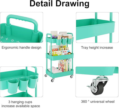 UDEAR 3-Tier Rolling Utility Cart,Multifunctional Storage Shelves with Handle and Lockable Wheels for Room,Office,Kitchen,Bathroom,with 3 Hanging Cups,Green
