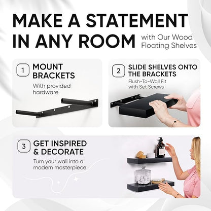 Homeforia Floating Shelf Black 12 inch, High End Solid Real Wood Small 12inch Floating Shelves for Wall Mounted, Black Wooden 12 in Floating Shelves, Heavy Duty Bracket, 12 X 6.5 X 1.75 inch, Set of 2
