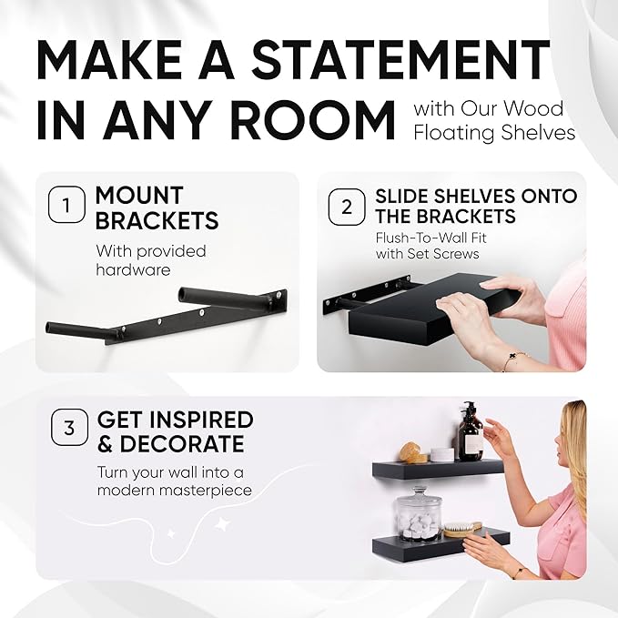 Homeforia Black Floating Shelves 30 inches Long, High End Solid Real Wood 30 inch Floating Shelf for Wall Mounted, Black Wooden 30in Floating Shelves, Heavy Duty Bracket, 30 X 6.5 X 1.75 in, Set of 2