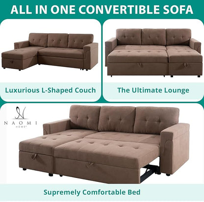 Naomi Home Transform Any Space: Sleeper Sectional Sofa with Convertible Sofa Bed & Inviting Chaise. Find Tranquil Comfort with Stress-Relieving Design & Durable Cushions - Mocha/Velvet