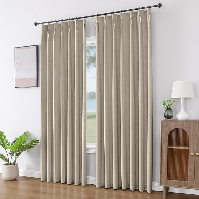 Joydeco 100% Blackout Pleated Curtains, Linen Window Curtains 2 Panel Sets 108 inches Long, Thermal Insulated Darkening Drapes for Bedroom(Cobblestone,40'' Wx108'' L)