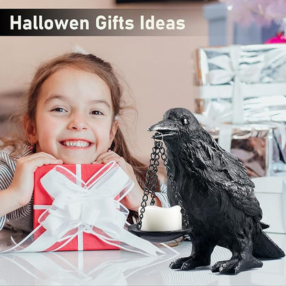 Raven Gothic Home Decor Fake Crow Light Holder Raven Lamp Tealight Candle Holder Resin Raven Statue Wearing Silver