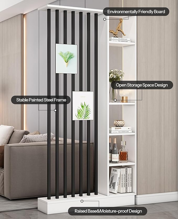 Wall Room Divider, Storage Cabinet Storage Display with Shelves, Modern Freestanding Wood Room Divider Screen, Wall Privacy Screens for Home Decorative (White+Black,35.4" L x 9.5" W x 79.5" H)