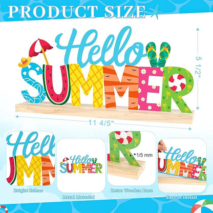 COCHIE Metal Hello Summer Sign, Summer Decorations for Home, Office, Shelf, Mantel, Indoor, Beach Slippers Tabletop Centerpiece Decoration, Watermelon Red Decor (Beach)