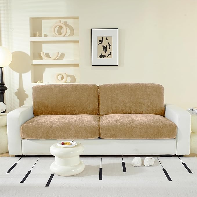Large Backrest Cushion Covers Super Stretch Backrest Covers for 2 Cushion Couch Sofa, Couch Back Cushion Covers Featuring with Chenille Yarn (Softer Version, 2PC, Khaki)