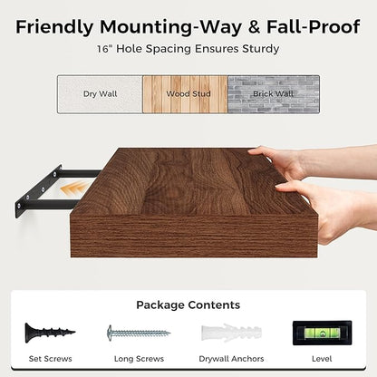 Fun Memories 72 Inch Floating Shelf, 12 Inch Deep Wall Shelf for Fireplace Mantel, Deep Storage Shelves for Home & Office, Wall Shelves with Invisible Bracket, Walnut, Set of 1