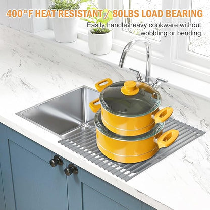 LEMIKKLE Roll Up Dish Drying Rack 17" x 13", Over The Sink Dish Drainer Rack, Foldable Sink Drying Rack, Anti-Slip Silicone Wrapped Dish Drainer for Kitchen Counter (Grey 17" x 13")