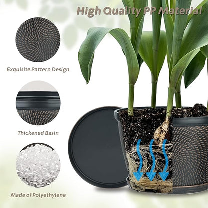 Quarut 4 Pack 8 Inch Flower Pots for Outdoor Indoor, Plastic Plant Pots with Drainage Hole & Saucer, Lightweight Small Flower Pot, Circle Pattern Planters for Garden House planters（Black Copper）