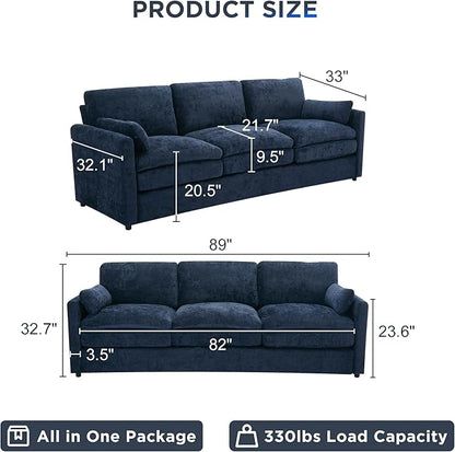 Tbfit Modern Couch Sofa, 89" Cloud Couch w/Pillows, Pocketed Spring Seat, Comfy 3-Seater Plush Foam Cushions, Chenille Fabric Removable Covers, Soft Upholstered Living Room Furniture Home Apartment