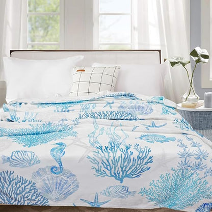 Blue Ocean Beach Throw Blanket Nautical Coastal Bed Blanket Starfish Seashell Coral Blankets Super Soft Flannel Fleece Throw Blanket for Couch Bed Decor “60 x80”