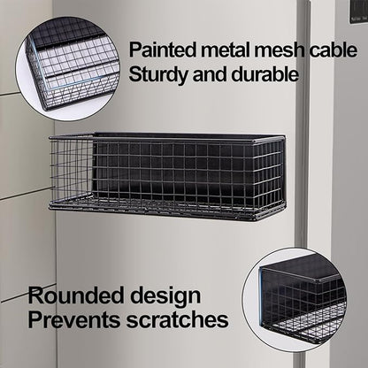 Magnetic Basket, Magnetic Shelf for Fridge, Magnetic Spice Rack Wire Mesh Magnetic organizer Holder Accessories for Office Kitchen Classroom Storage, Black-High, 9.44" x 4" x 3.14"
