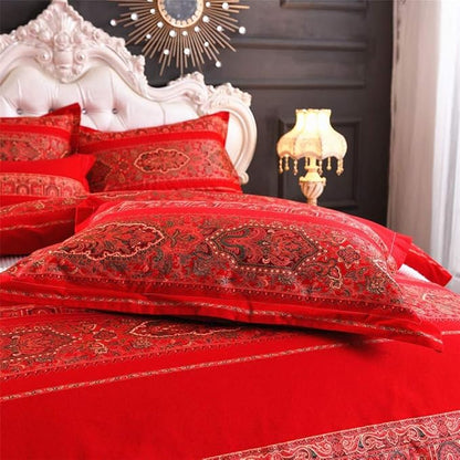 ABREEZE Queen Duvet Covers, Bohemian Retro Bedding Set, Coloful Mandala Down Comforter Cover, Boho Floral Style Quilt Cover, 100% Brushed Cotton, 1 Duvet Cover and 2 Pillow Shams,Red