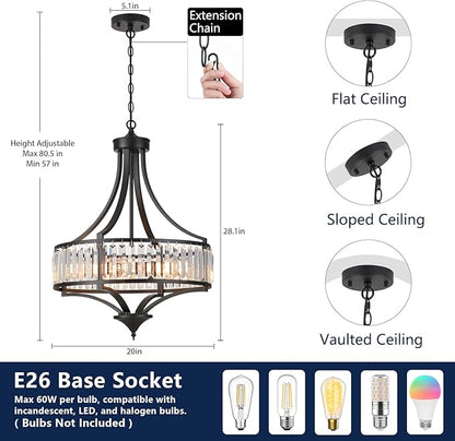 Modern Black Crystal Chandelier, 20 Inch Large Ceiling Pendant Light Fixture with 50'' Adjustable Hanging Chain, 5-Light Farmhouse Chandelier for Dining Room, Living Room, Bedroom, Entryway