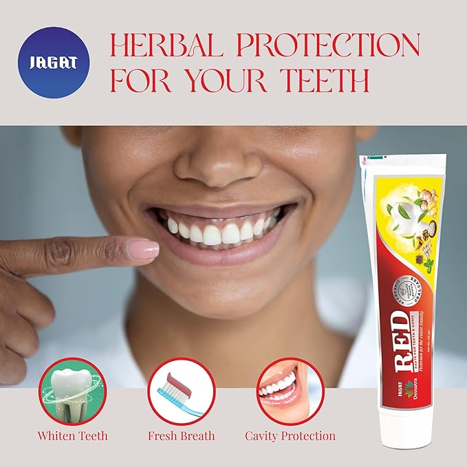 Jagat Devsutra Ayurvedic Herbal Red Toothpaste for Teeth Whitening & Cold Breath - 100% Natural Formula, No Fluoride & Artificial Colours - Pack of 2 (4.4 OZ Tubes) Try Once
