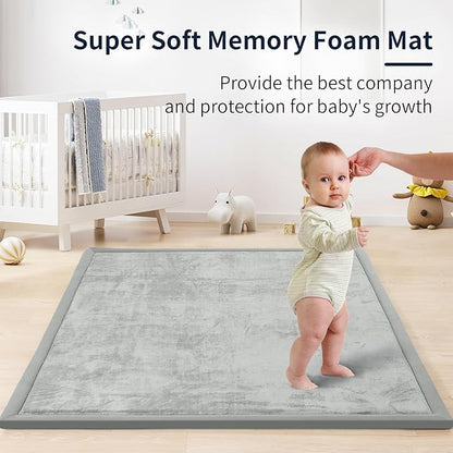 ACOMOPACK Baby Play Mat for Floor 1.3" Thick Memory Foam Play Mat 79"×157 Tummy Time Crawling with Non-Slip Bottom for Living Room,Nursery,Soft Velvet Playpen Mats for Kids,Infants（Light Grey）