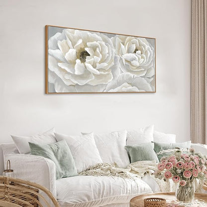 arteWOODS Cream White Flowers Framed Wall Art - Soft Peony Pictures for Wall Decor Elegant Blossom Flower Painting Artwork Botanical Prints for Living Room Home Office Wall Decoration 20" x 40"