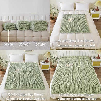 WESHIONGOO Chunky Knit Blanket Throw 50"×60" Knitted Throw Blankets for Couch Bed Fluffy Soft Blanket with Jumbo Chenille Yarn Thick 100% Handmade (Sage Green)