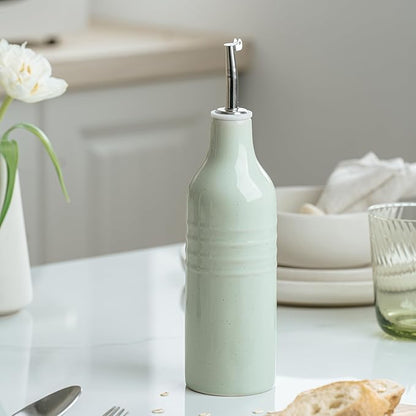 famiware Jupiter 16oz Ceramic Olive Oil Dispenser Bottle, Olive Oil and Vinegar Dispenser Bottle Set of 2 with Stainless Steel Pourers, Suitable for Storage Vinegar, Liquids, Light Green