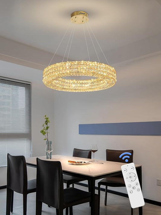 Dia 24" Modern Crystal Chandelier Gold Ring Chandelier Adjustable Height Luxury Crystal Pendant Ceiling Light Fixture for Dining Living Room Bedroom
