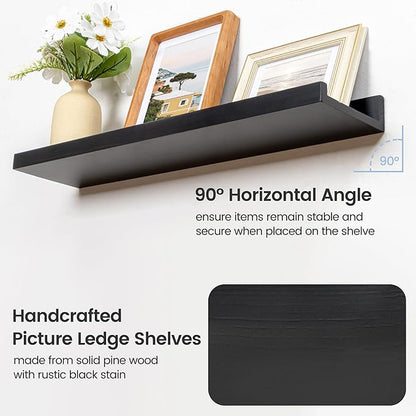 Picture Ledge Wall Shelves 48 inches Width Set of 3, Solid Pine Wood Rustic Floating Ledge Shelves for Wall for Kids' Room Bedroom Kitchen Bathroom Long Floating Shelves for Wall Decor, Black