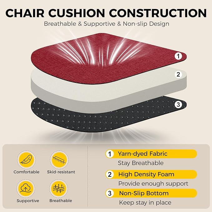 downluxe Indoor Chair Cushions for Dining Chairs, Soft and Comfortable Textured Foam Kitchen Chair Pads with Ties and Non-Slip Backing, 16" x 16" x 2", Red, 2 Pack