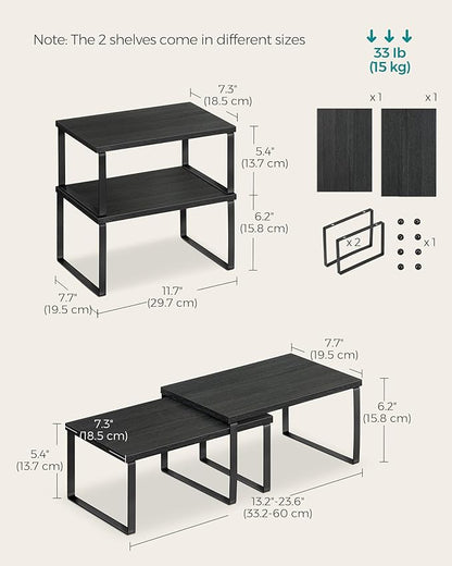 SONGMICS Cabinet Organizer Shelf, Set of 2 Kitchen Counter Shelves, Kitchen Storage, Spice Rack, Stackable, Expandable, Metal and Engineered Wood, Ink Black and Charcoal Black UKCS02B01