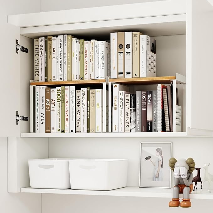 Mitus Shelf Organizer and Storage, Stackable Tiered Wood Cabinet Rack for Countertops, Desktops, Cabinets (Set of 2) 16" Wide Natural Oak and White