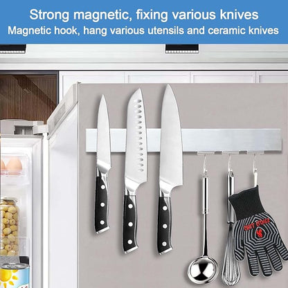 14 Inch Magnetic Knife Holder for Refrigerator - Knife Magnetic Strip for Fridge with Magnetic Hooks - Double Sided Magnetic Knife Bar - Stainless Steel Kitchen Magnetic Knife Hanger Rack