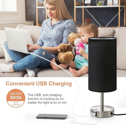 Bedside Lamp with USB Port - Touch Control Table Lamp for Bedroom Wood 3 Way Dimmable Nightstand Lamp with Round Black Shade for Living Room, Dorm, Home Office (LED Bulb Included) (Blacl2)