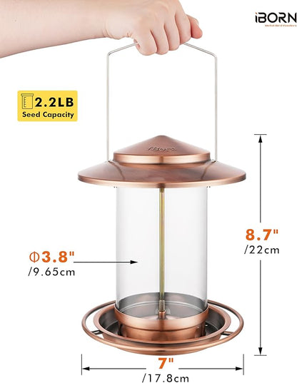 iBorn Bird Feeders for Outdoors Hanging,Metal Bird Feeders for Cardinal Chew Proof 18cm Large Roof&Tray Birdfeeders Outside Hanging,Brushed Copper 6 Port (Seed is not Included)